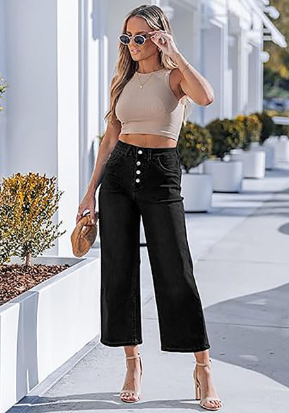 Women's High Waisted Multi Button Wide Leg Denim Jeans Casual Relaxed Daily Wear Functional Pockets