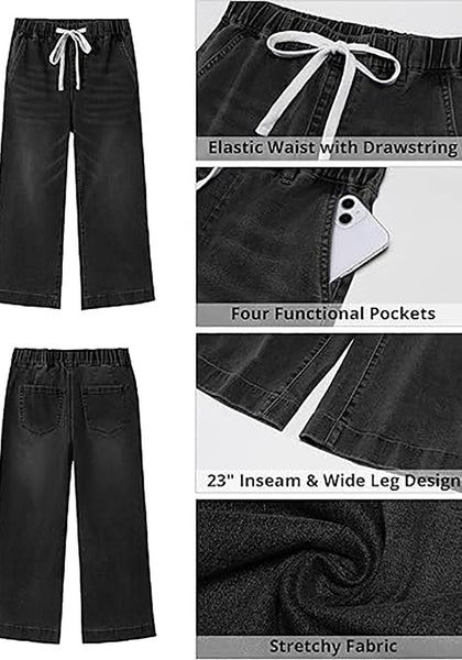Casual Capri Jeans for Women Wide Leg Elastic Drawstring Waist Cropped Denim Trousers