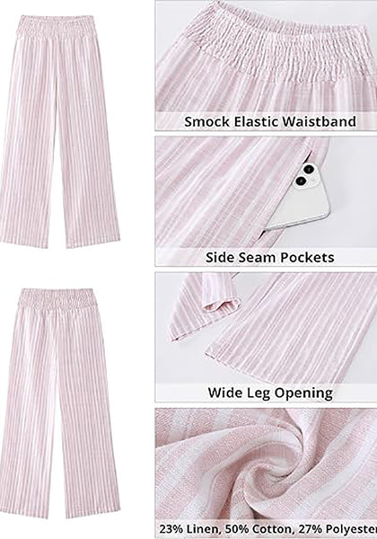 Women’s Striped Wide Leg Pants Causal Elastic High Waist Full Length Trousers with Pockets