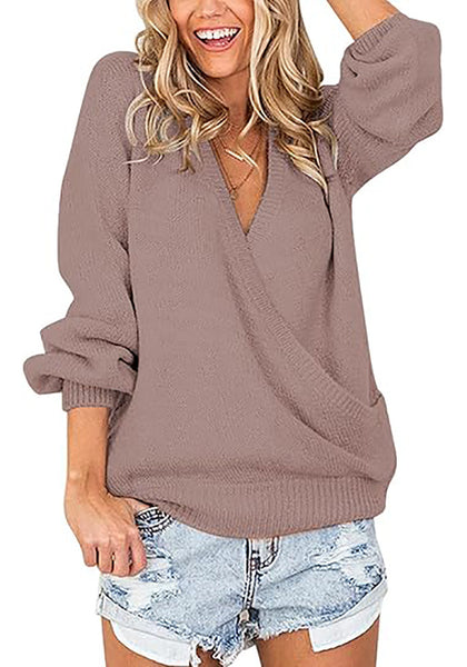 LookbookStore  Twilight Mauve Women's Knit Long Sleeve Faux Wrap Surplice V Neck Sweater Top
