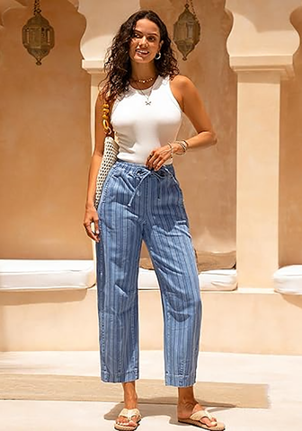 LookbookStore Women's Medium Blue Stripe Cropped Barrel Jeans High Waist Elastic Pull On Wide Leg Casual Stretch Denim Pants