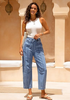 LookbookStore Women's Medium Blue Stripe Cropped Barrel Jeans High Waist Elastic Pull On Wide Leg Casual Stretch Denim Pants