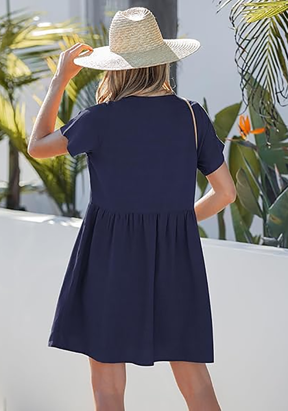 LookbookStore Women's Navy Blue Summer Casual Linen Babydoll Dress V Neck Short Sleeve Button Down Above Knee with Pockets