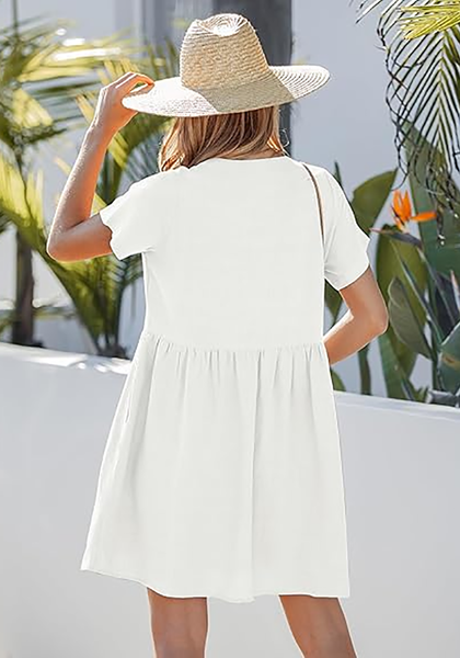 LookbookStore Women's White Summer Casual Linen Babydoll Dress V Neck Short Sleeve Button Down Above Knee with Pockets