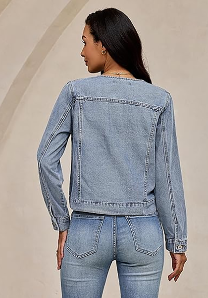 LookbookStore Women Roadknight Blue Denim Jacket Crew Neck Button Front Utility Pockets Relaxed Fit Casual Daily Wear Staple