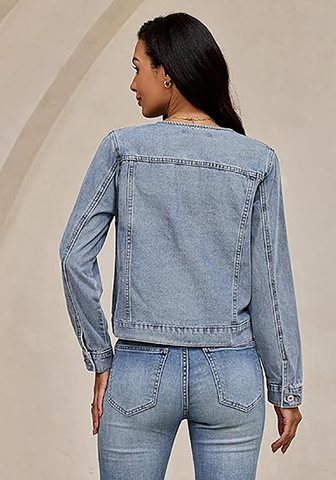 LookbookStore Women Roadknight Blue Denim Jacket Crew Neck Button Front Utility Pockets Relaxed Fit Casual Daily Wear Staple