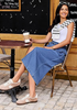 LookbookStore Women Medium Blue High Waist Jean Midi Skirt Elastic Drawstring Denim Long Skirt with Pockets Front Split Design