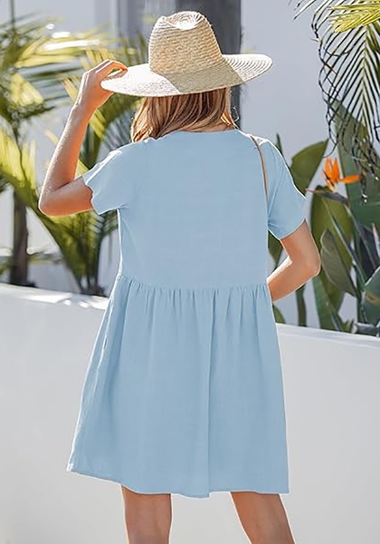 LookbookStore Women's Sky Blue Summer Casual Linen Babydoll Dress V Neck Short Sleeve Button Down Above Knee with Pockets