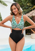 LookbookStore Women's Black Green FloralV Neck Block One Piece Swimsuit with Cut Out & Ruched High Waist