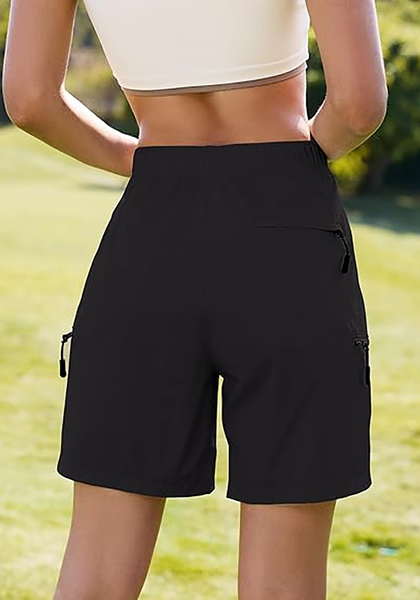 LookbookStore Women's Black Cargo Hiking Shorts Elastic Waist Pull On Lightweight Quick Dry 7 Inch Inseam Summer Outdoor Sport Golf Shorts