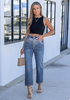 LookbookStore Timeless Blue Women High Waisted Rhinestone Embellished Wide Leg Cropped Denim Jeans Casual Wear Staple