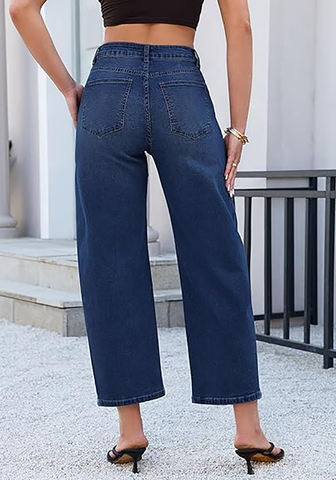 LookbookStore Women's Darkness Blue High Waisted Baggy Barrel Jeans Cropped Wide Leg Casual Stretchy Denim Pants with Side Seam