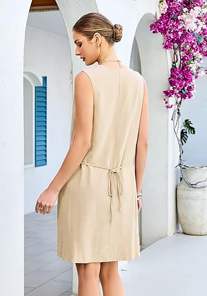LookbookStore Women's Beige Knee Length Linen Dress – Sleeveless V Neck Button Down, Self Tie Waist & Side Pockets
