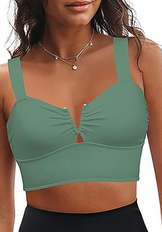 Army Green Bikini Tops for Women's Midkini Padded Ruffle V-Neck Swimwear Tankini Top