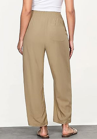 Almond Women's Casual High Waisted Lightweight Lounge Barrel Cropped Pants Soft Smocked Comfort Wear