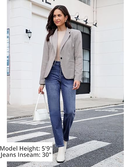 Dark Atlantic Blue High Waist Denim Pants Straight Leg Comfort Stretch Jeans Full Length Jeans with Pockets Casual