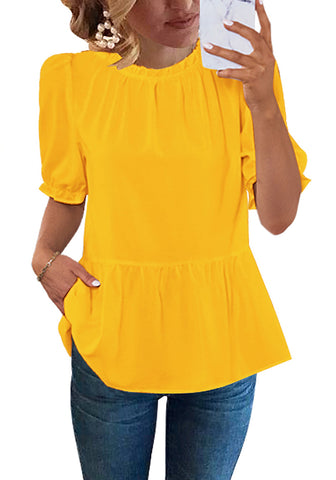 Cirtrus 2023 Blouses for Women Dressy Casual Peplum Tops Puff Sleeve Ruffle Mock Neck Dress Shirt Flowy Summer