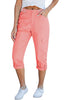 Pink Women's High Wasited Cargo Pants Cuffed Hem Elastic Waist Capri Pants With Pockets