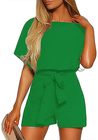 Fern Green Women Casual Short Sleeves Self-Tie Belted Short Romper Jumpsuits