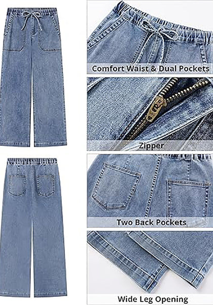 After Dust Blue Cropped Wide Leg High Waisted Drawstring Denim Jeans For Women