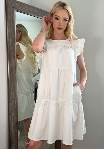 Brilliant White Women's Mini Denim Babydoll Sleeveless Ruffle Sleeve Pleated Dress