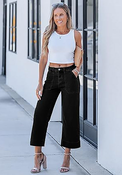 Washed Black Women's Cropped High Rise Denim Pull On Retro Wide Leg Jeans