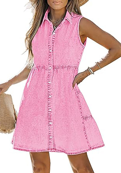 Aurora Pink Denim Dress for Women Sleeveless Babydoll Button Down Short Jean Dresses Cute Summer