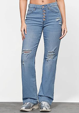 Medium Blue High Waisted Ripped Flare Jeans for Women Distressed Bell Bottom Jeans Wide Leg Pants