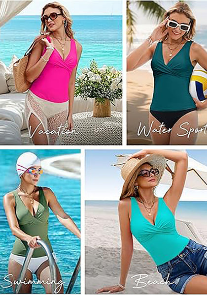 Tankini Tops for Women Deep V Neck Front Ruched  Swimwear with Adjustable Wide Straps