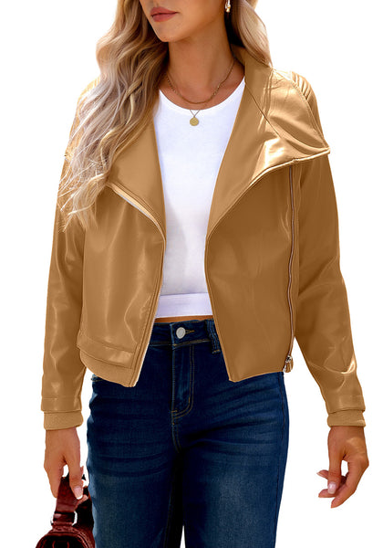 Amber Gold Women's Faux Leather Long Sleeve Motorcycle Biker Warm Jacket