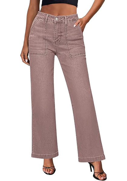 Pecan Brown Women's Casual Full Length High Waist Relaxed Fit Wide Leg Slight Stretch Jeans with Pocket