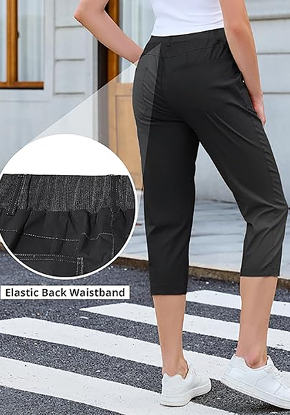 LookbookStore Women Black Utility Skimmer Capri Pants With Big Patched Pockets Back Elastic Waistband Ideal For Travel Daily Casual