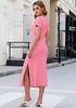 LookbookStore Women Pink Summer Casual Long Dress, Twist Front Side Slit Short Sleeve Comfy T-Shirt Dress 2026 Beach Vacation