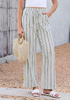 LookbookStore Cream White Stripe High Waisted Wide Leg Pants for Women Drawstring Waist Casual Comfort Pants