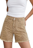 LookbookStore Women Khaki Leopard High Rise Leopard Cheetah Print Jean Shorts, Stretch Denim Raw Hem Mid Thigh Casual Summer Jorts