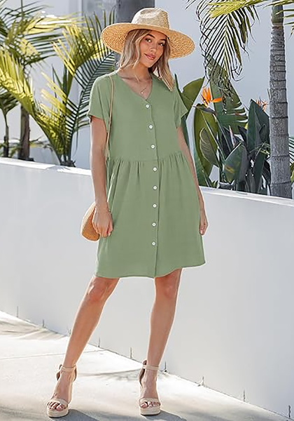 LookbookStore Women's Army Green Summer Casual Linen Babydoll Dress V Neck Short Sleeve Button Down Above Knee with Pockets