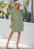 LookbookStore Women's Army Green Summer Casual Linen Babydoll Dress V Neck Short Sleeve Button Down Above Knee with Pockets