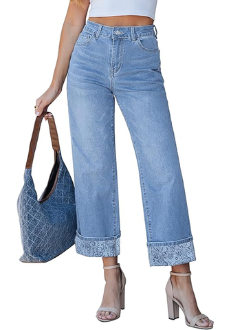 LookbookStore Women's Floral Helium Blue High Waisted Cropped Wide Leg Jeans Trendy Printed Fold Hem Loose Straight Stretchy Denim Pants