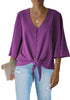 Purple Women's V Neck Button Down Shirts 3/4 Bell Sleeve Tie Knot Blouse