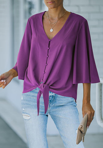 Purple Women's V Neck Button Down Shirts 3/4 Bell Sleeve Tie Knot Blouse