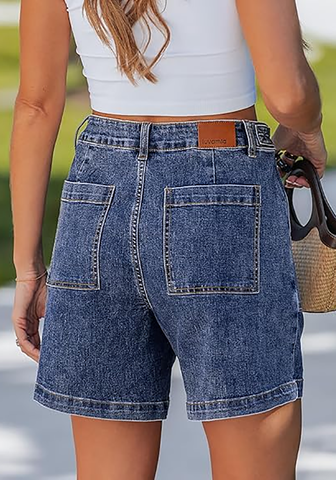 LookbookStore Women's Timeless Blue High Waisted Wide Leg Cinch Waist Stretchy Denim Shorts Casual Summer Mid Thigh Jorts