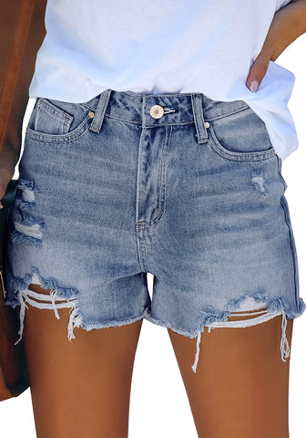 Aged Blue High Waist Ruched Hem Distressed Denim Shorts