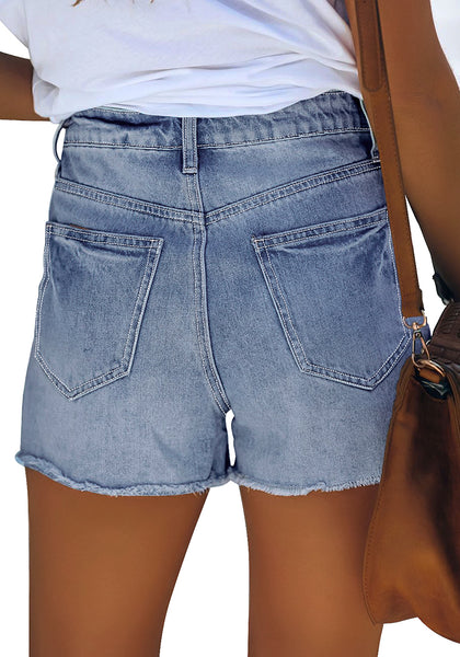 Aged Blue High Waist Ruched Hem Distressed Denim Shorts