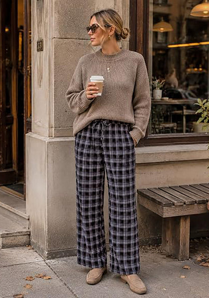 GRAPENT Women's High Waisted Wide Leg Plaid Pants | Tartan Pattern, Elastic Waist Drawstring, Pockets, Relaxed Fit, Casual Daily Fall Outfits