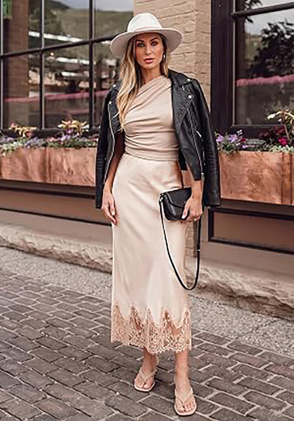 Pink Tint Women's Satin Maxi Skirt — Silky Bias Cut Long Slip Skirt with Easy Pull On Elastic Waistband & Lace Trim Hem