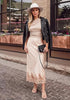 Pink Tint Women's Satin Maxi Skirt — Silky Bias Cut Long Slip Skirt with Easy Pull On Elastic Waistband & Lace Trim Hem