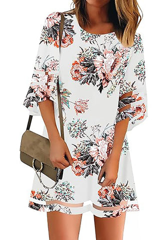 Floral Pirnt Brilliant White Women Casual Crewneck Mesh Panel 3/4 Bell Sleeve Loose Tunic Dress