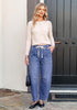 GRAPENT Women's High Waisted Baggy Barrel Jeans | Stretchy Denim, Elastic Drawstring Waist, Pull On, 27.5