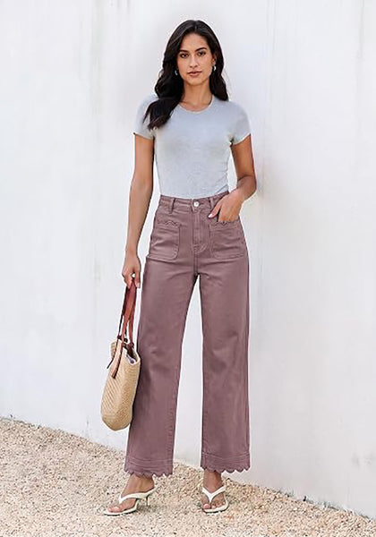 GRAPENT Women's High Waisted Scalloped Ankle Jeans | Stretchy Denim, Straight Wide Leg, 27.5" Inseam, Patched Pockets, Work Office Dressy Casual