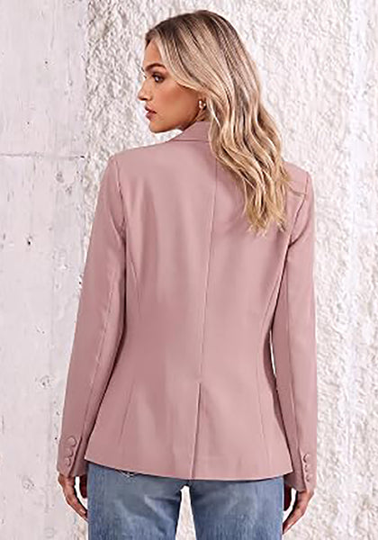 Pink Women's Notched Lapel Blazer, Single Button Shoulder Pads Suit Jacket, Long Sleeve Business Casual Work Office Blazer with Pockets & Back Slit